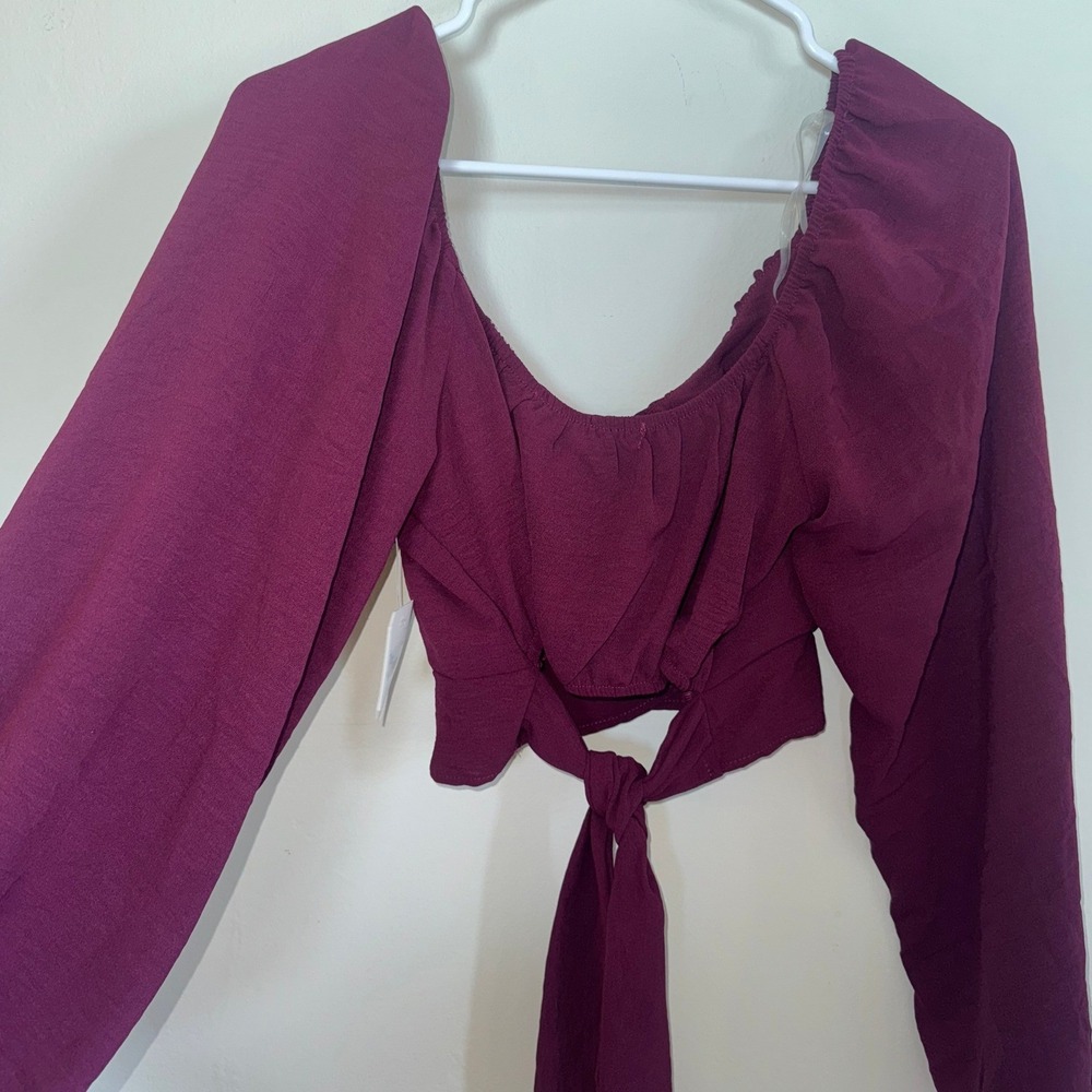 NWT Altar'd State Plum Purple Tie Front Crop Top Long Balloon Sleeve Boho Size L - Picture 5 of 6